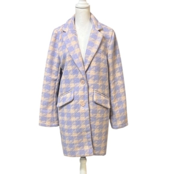 HYFVE coat blazer jacket long line houndstooth 2 button front pockets Trendy L - Picture 3 of 12